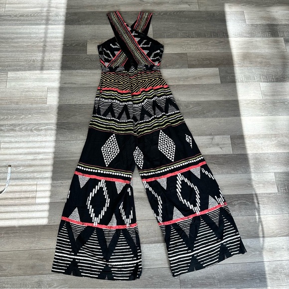 Anthropologie Elevenses Amapa Black Tribal Print Crossfront Wide Leg Jumpsuit 8 - Picture 11 of 16